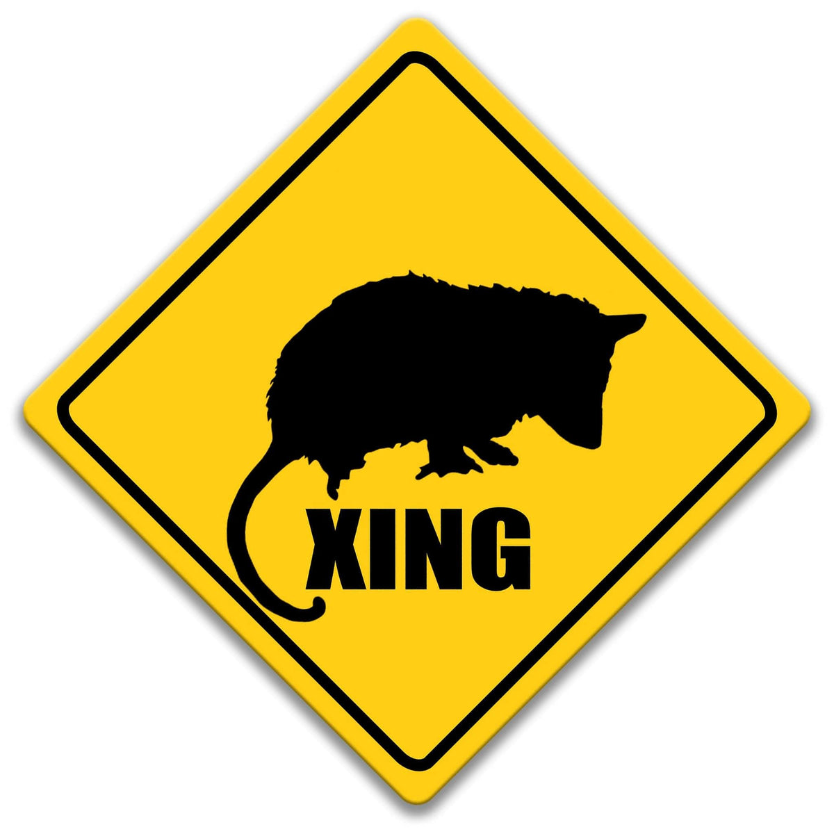 a yellow diamond-shaped sign with a black silhouette of an opossum and the word "XING" below it.