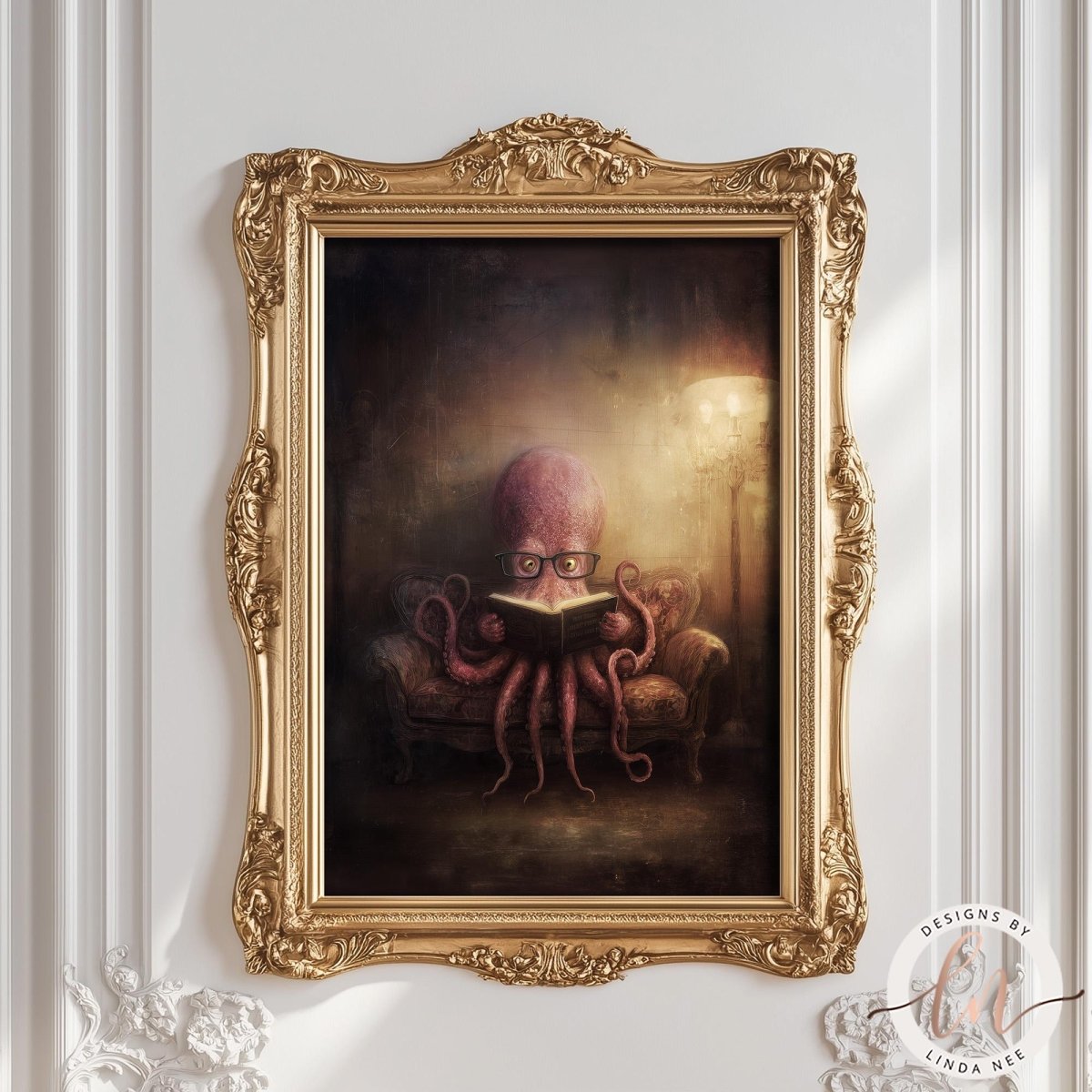 The image is a painting of an octopus sitting on a chair and reading a book.