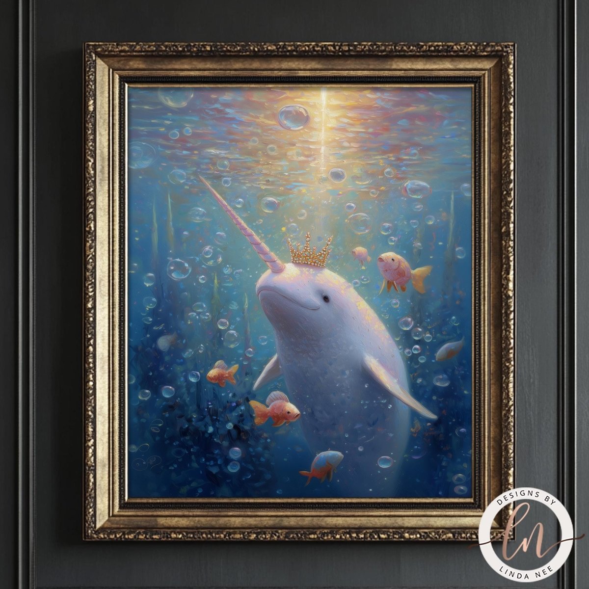 A framed painting depicting a white narwhal with a golden crown, surrounded by colorful fish in a vibrant underwater scene.