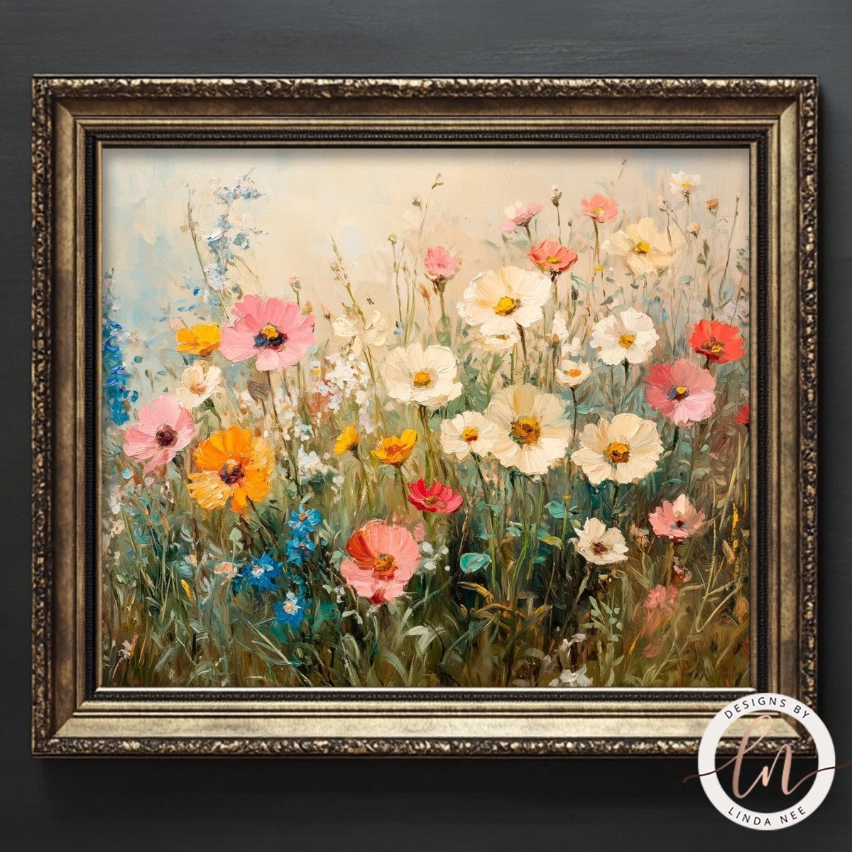 The image is a framed painting depicting a vibrant field of colorful flowers, including pink, orange, and white blooms, set against a lush green background.