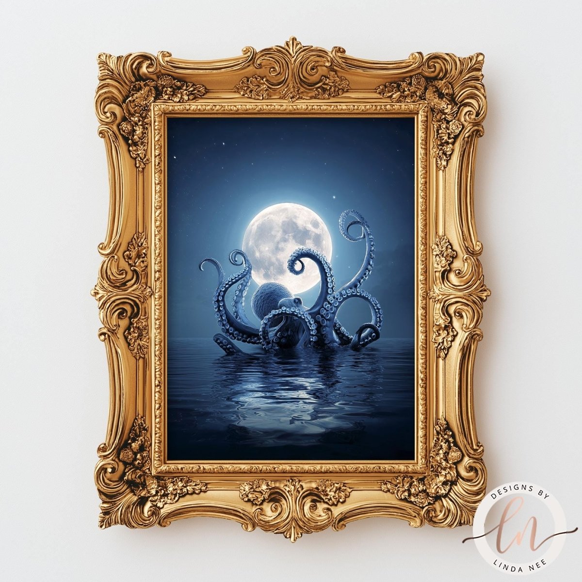 an ornate gold frame surrounding a painting of a large octopus with tentacles reaching towards a full moon in a dark blue night sky.