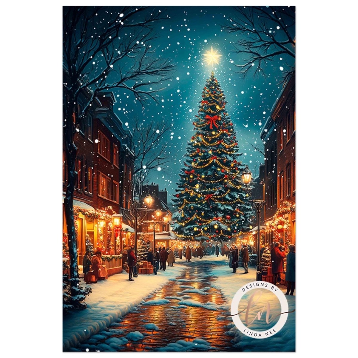 Decorated Christmas tree in the center of a snowy town street