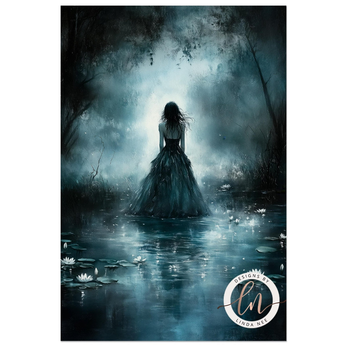 A woman in a flowing dress stands in a misty, ethereal forest, surrounded by lily pads and other aquatic plants.