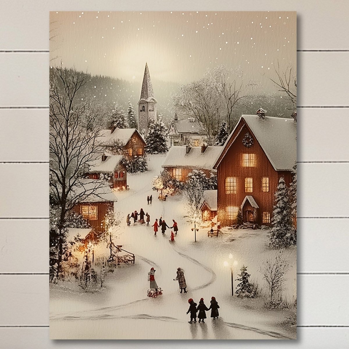 Snowy village street lit by warm lamplight with people walking at night