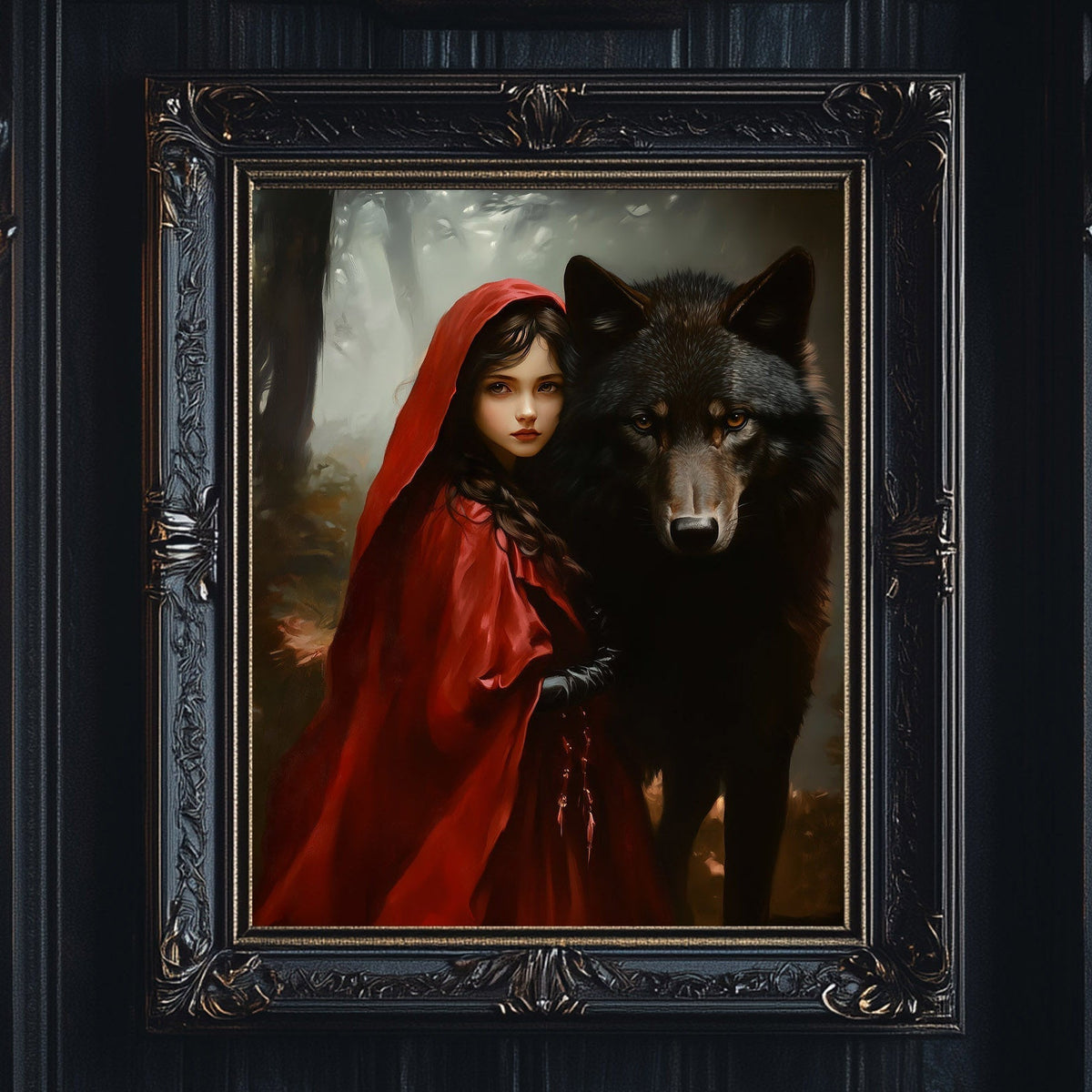 A young woman in a red hooded cloak stands next to a large, dark wolf in a forest setting.