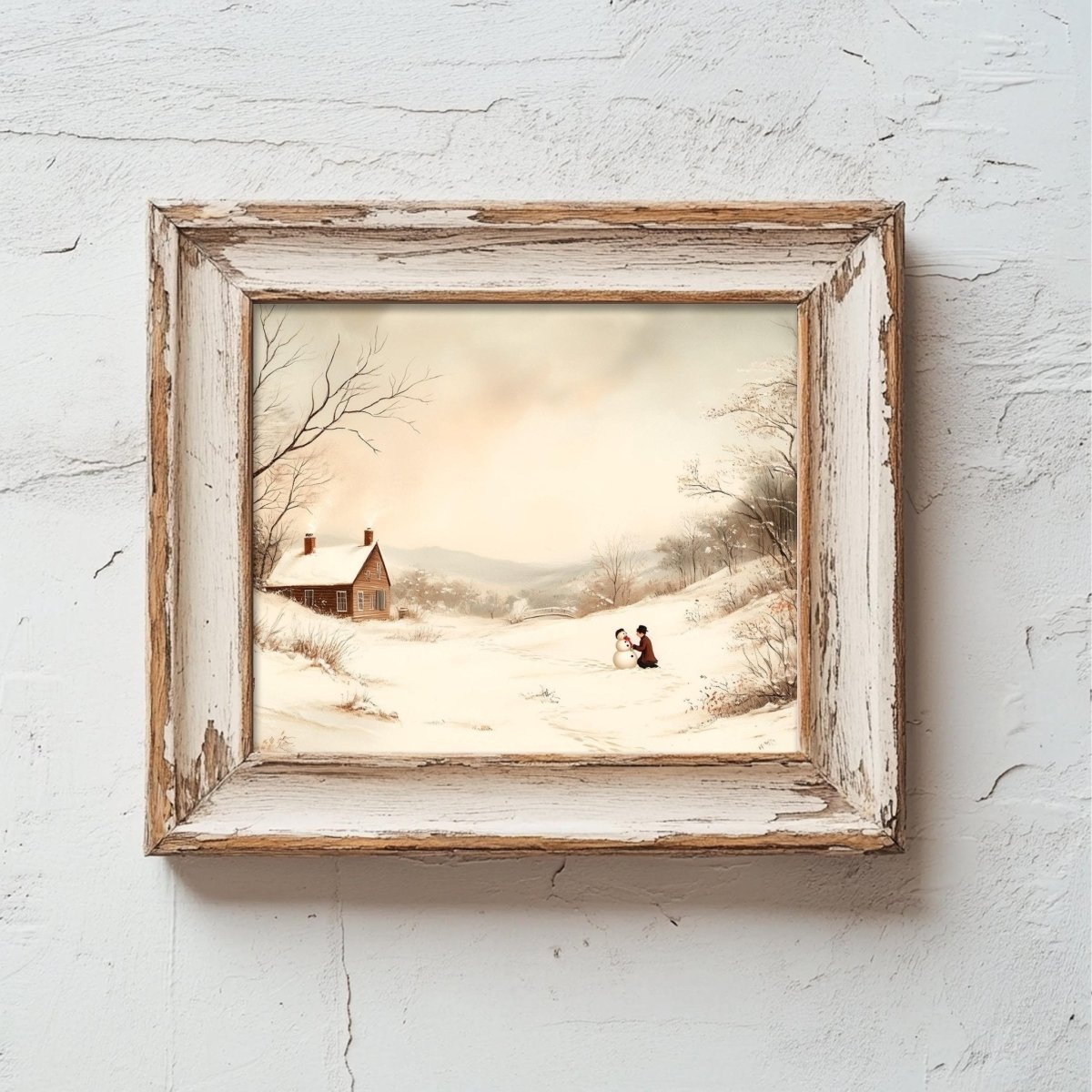 Snowy landscape with a small cabin visible in the far distance
