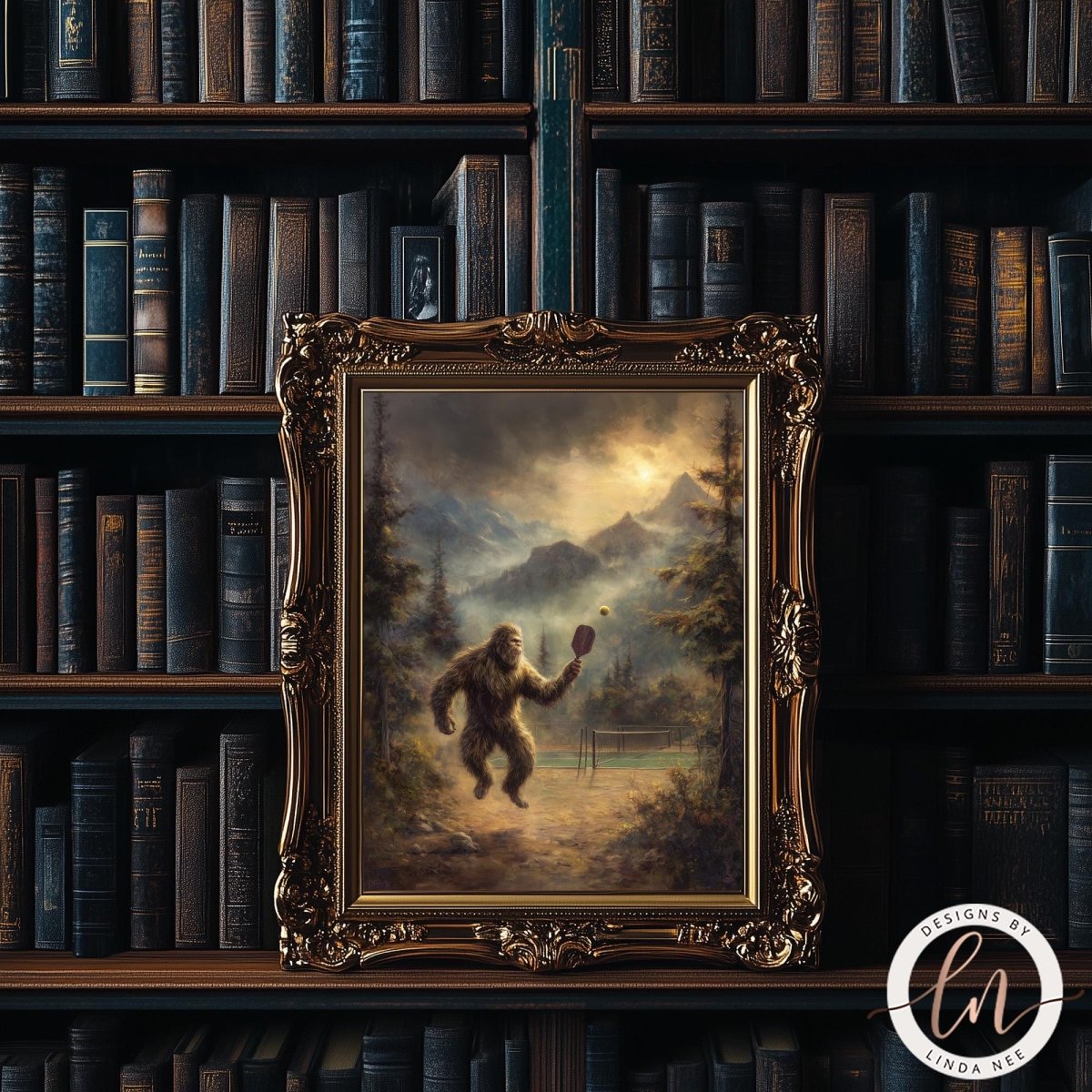 a painting of Sasquatch, standing in a forest setting with mountains in the background. The painting is displayed in an ornate gold frame, which is placed on a bookshelf filled with books.