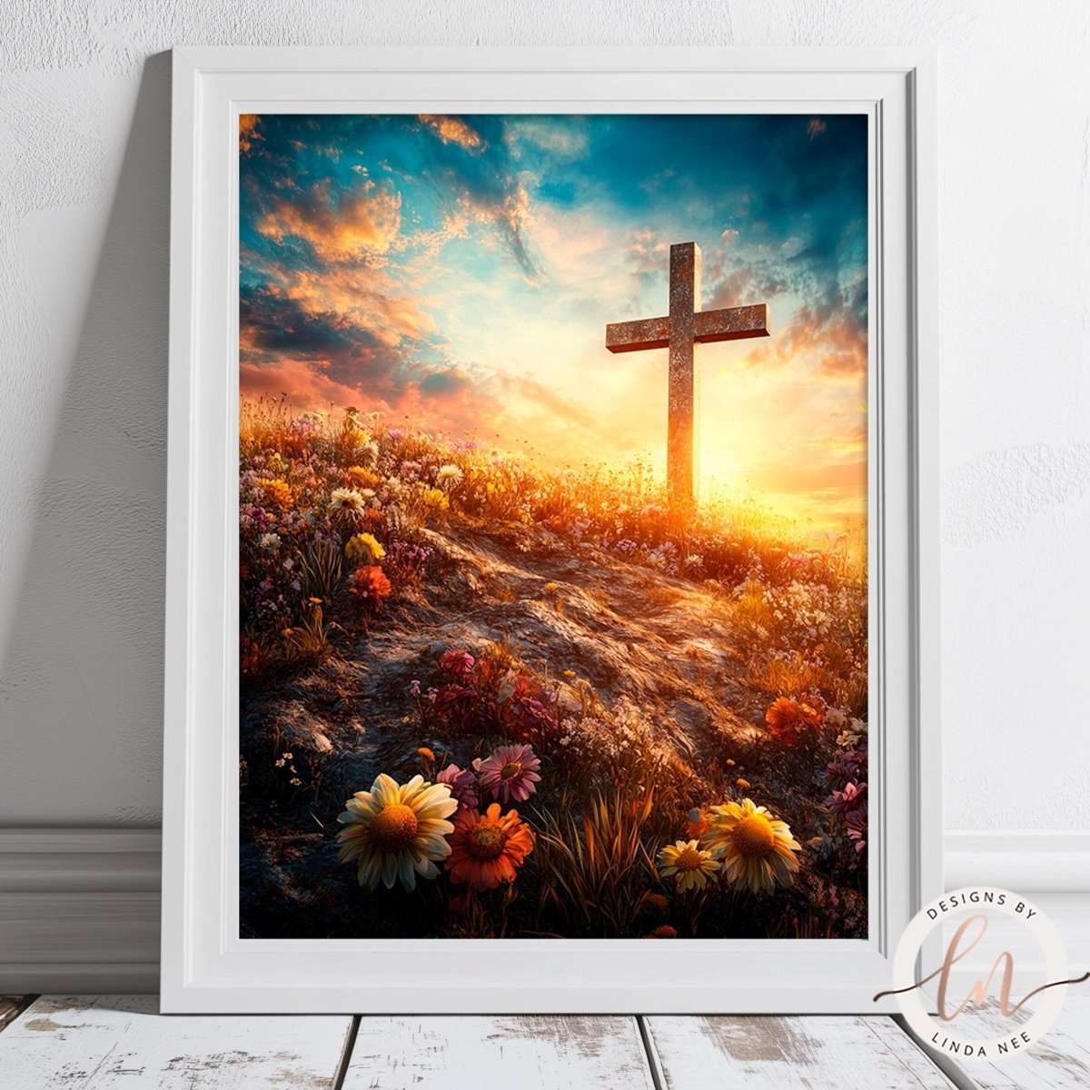 Wooden cross on a gentle hill beneath a golden sunrise
