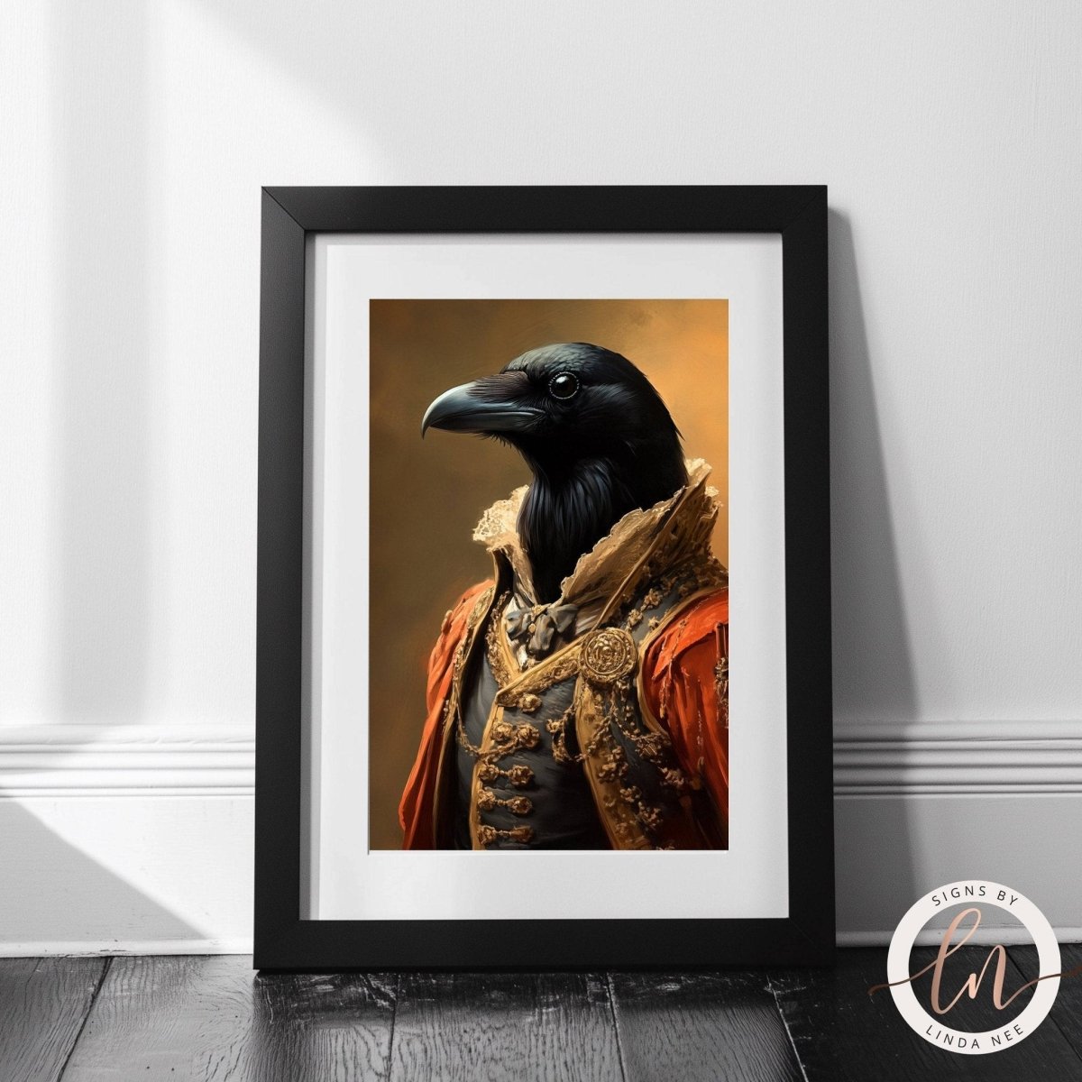 Raven in gold Victorian coat print against a warm background
