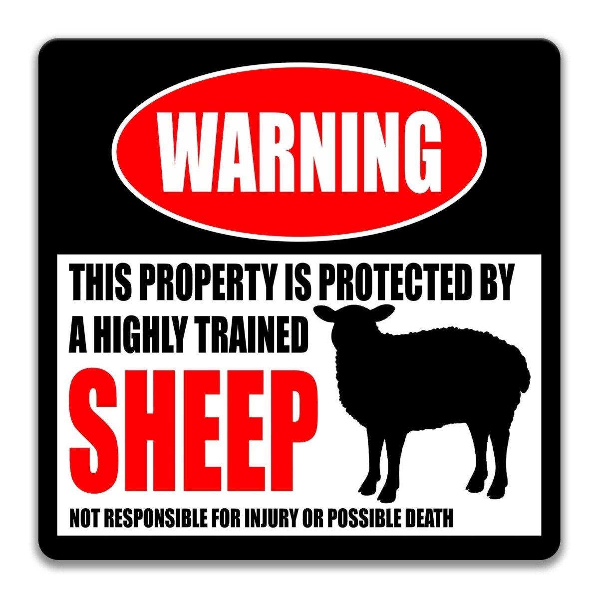Sheep warning sign, red WARNING banner and large sheep silhouette, funny Sheep lover gift, aluminum with rounded corners