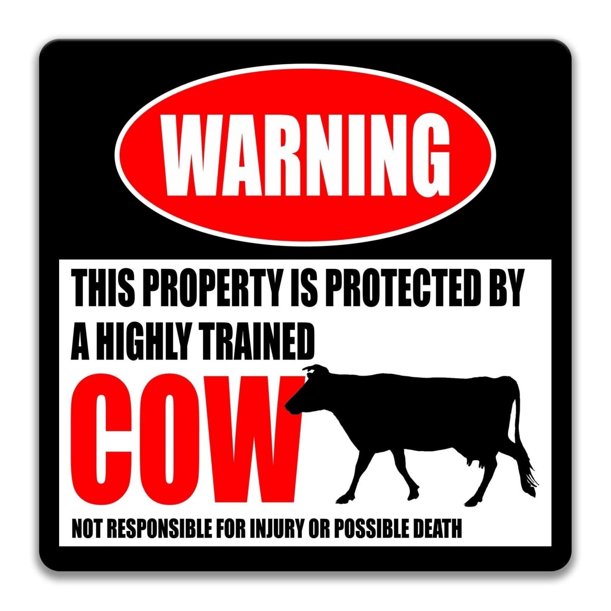 Cow warning sign, red WARNING banner and large cow silhouette, funny Cow lover gift, aluminum with rounded corners