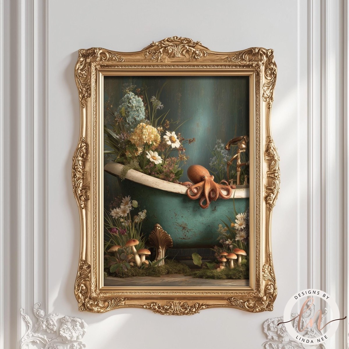 A whimsical maximalist digital painting of a copper-colored octopus sitting on the edge of a vintage teal clawfoot bathtub. The tub is filled with white daisies and hydrangeas, with mushrooms growing at the base, creating a cottagecore surreal aesthetic against a dark, moody background.