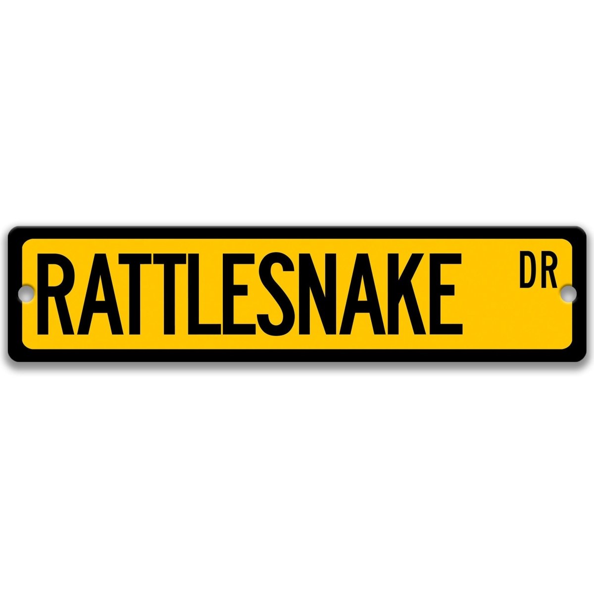 Rattlesnake metal street sign with a yellow background reading RATTLESNAKE DR
