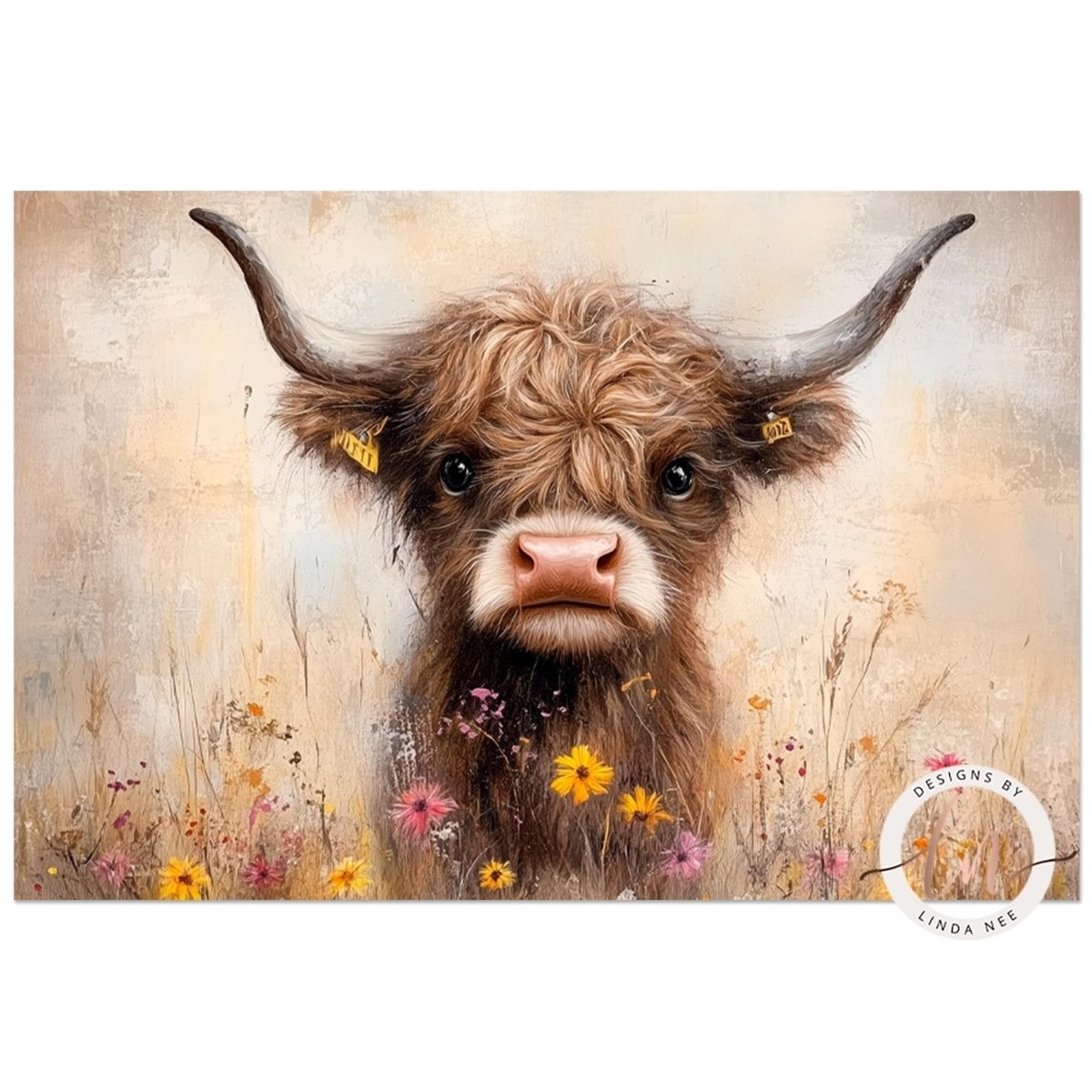A close-up portrait of a horned cow with a pink nose, surrounded by a field of colorful wildflowers.