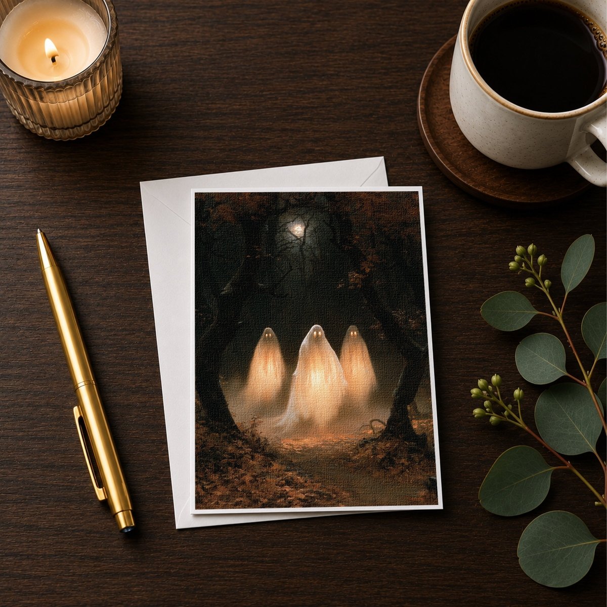 Three ghosts Halloween note card styled with a candle, pen, and coffee cup on a wooden desk
