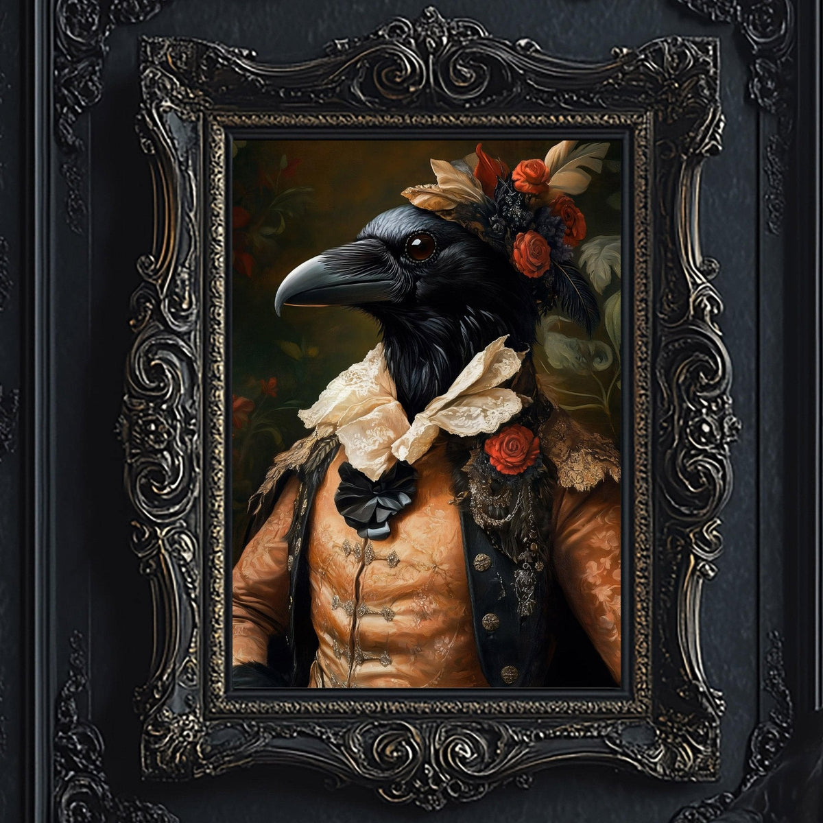 a black bird wearing an ornate, golden-colored outfit with a large flower crown on its head.