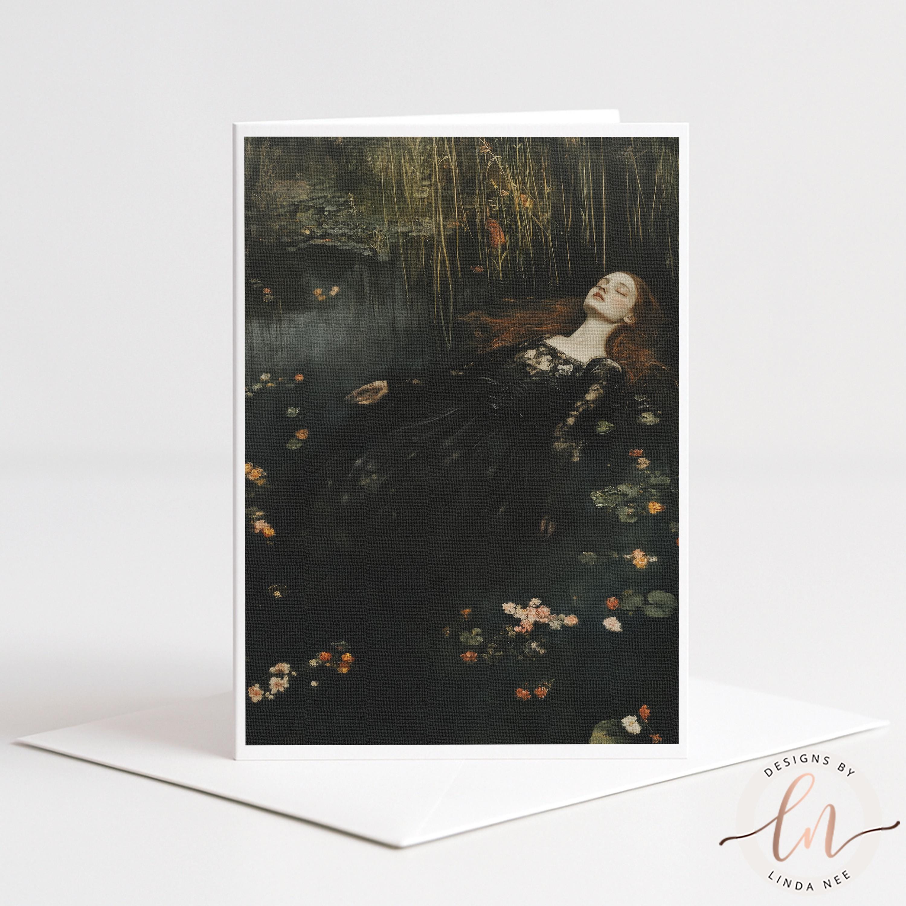A woman in a black dress is depicted floating in a pond, surrounded by flowers and plants, in a painting-like artwork.