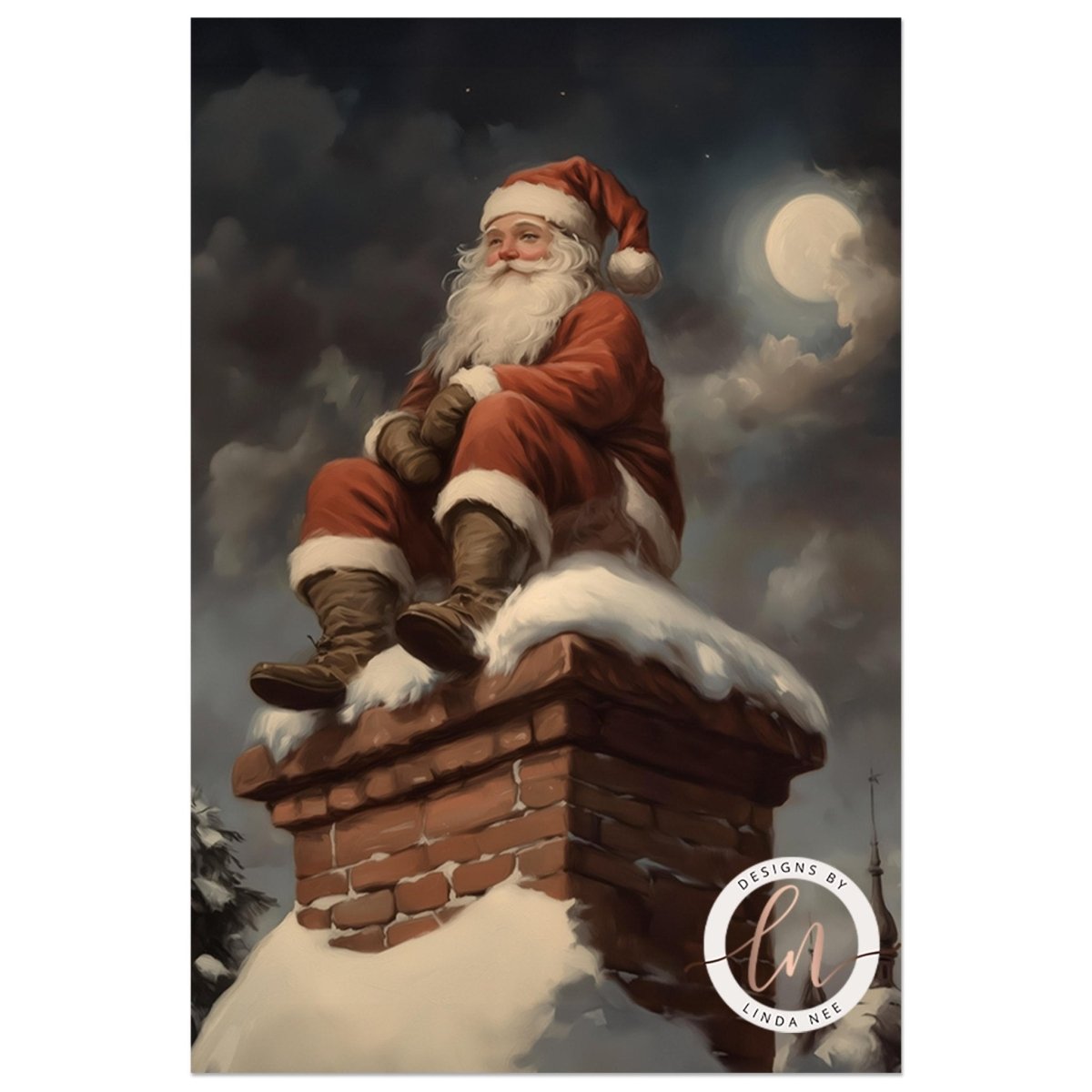 Santa Claus in a red suit seated on a chimney beneath a full moon and cloud