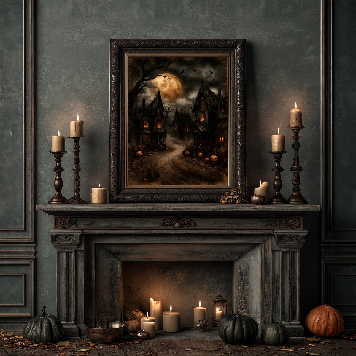 Dim room with a candlelit, pumpkin-topped fireplace and the haunted village art