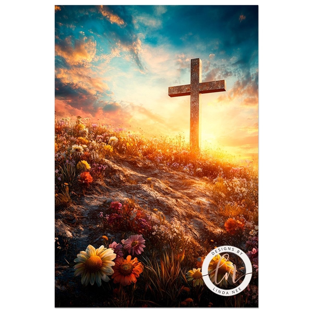 Cross on a hill at sunrise print with warm golden light