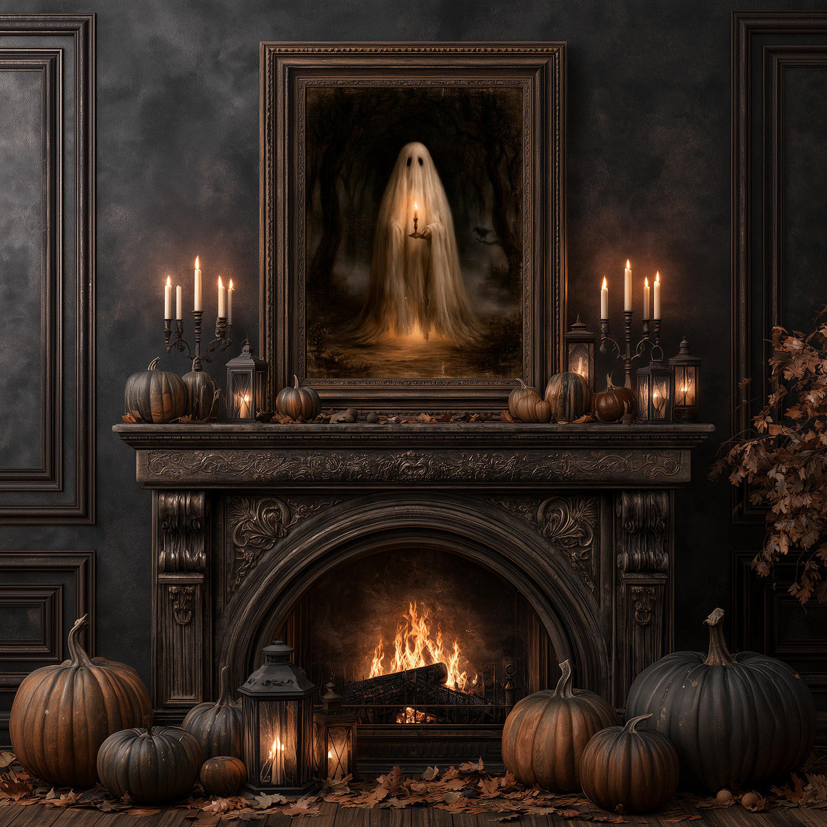 Gothic fireplace dressed with pumpkins and candles below the ghost wall art