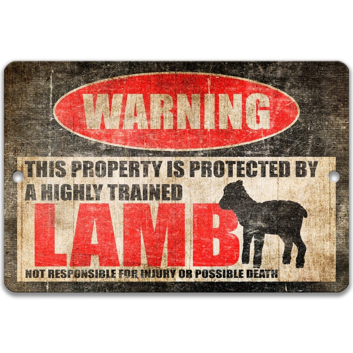 Lamb warning metal sign, lamb silhouette beside bold red WARNING lettering, 'not responsible for injury or possible death'
