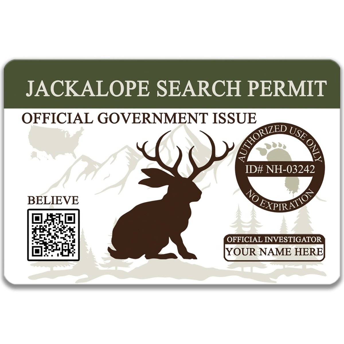 The image is a search permit for Jackalope hunting, featuring a silhouette of a jackalope rabbit with antlers and a mountain landscape in the background.