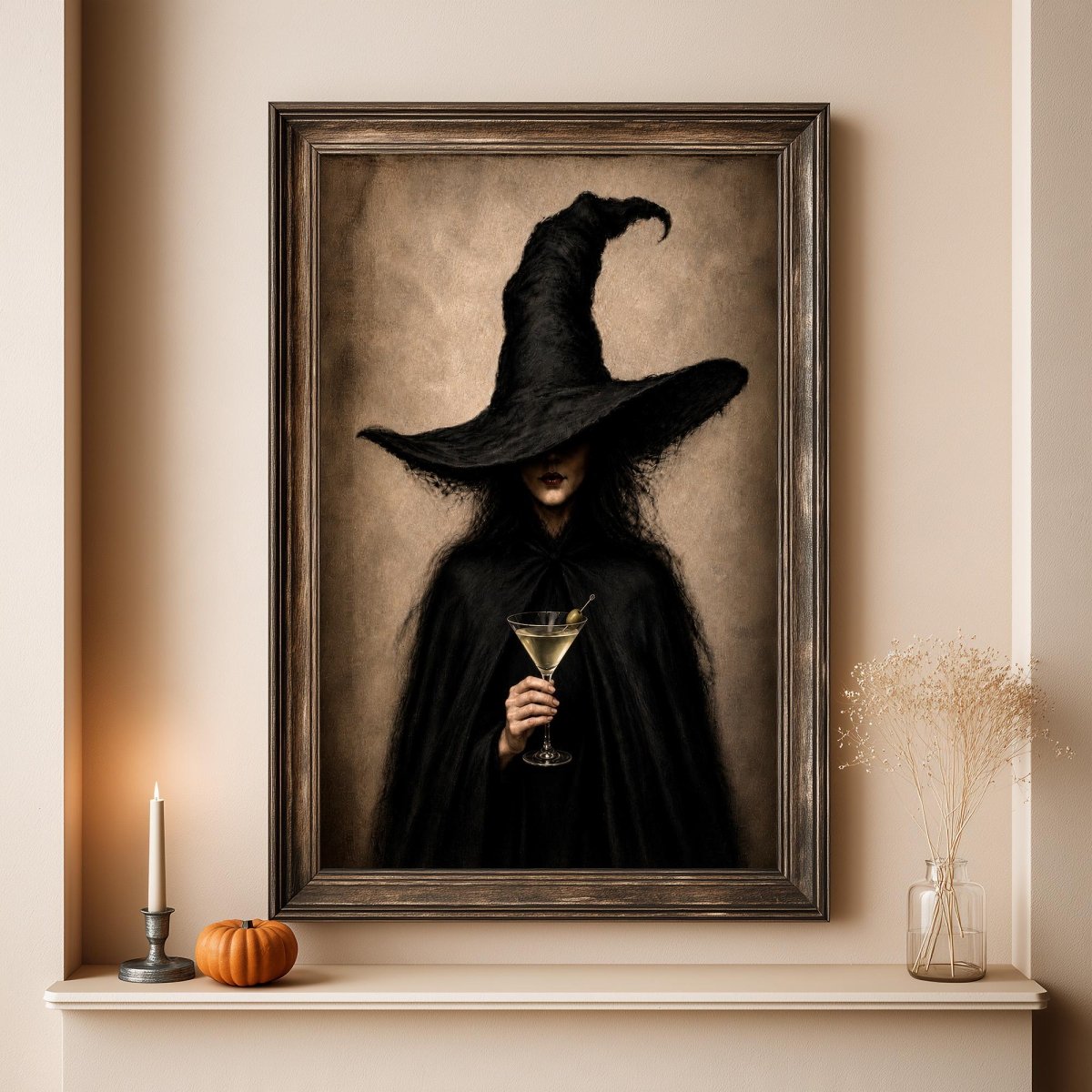 Witch with a martini art print shown framed against a warm beige wall