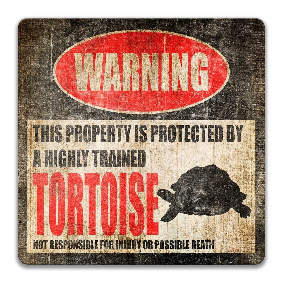 Tortoise warning sign, red WARNING banner and large tortoise silhouette, funny Tortoise lover gift, aluminum with rounded corners