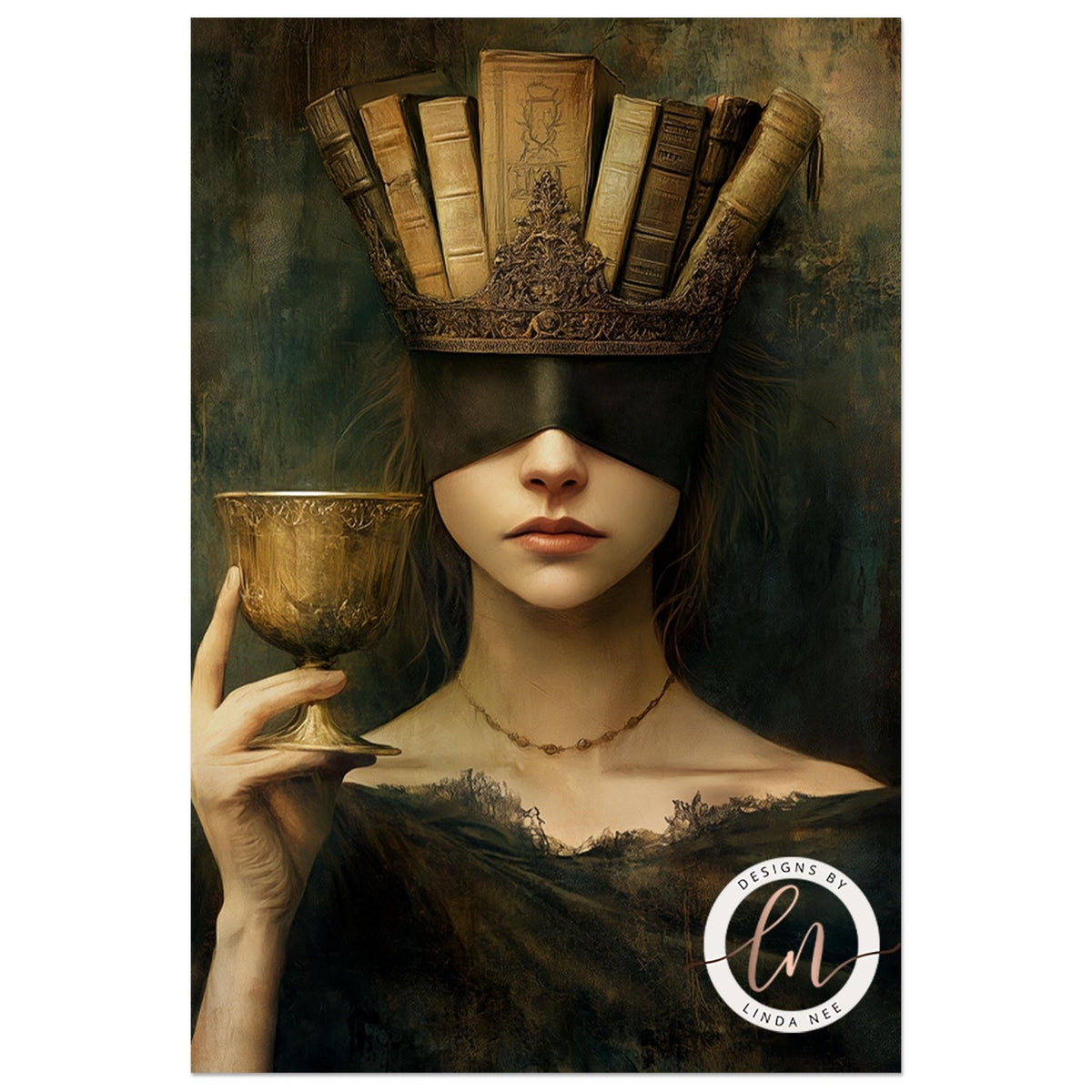 a woman wearing a crown of books, holding a cup, and wearing a necklace.