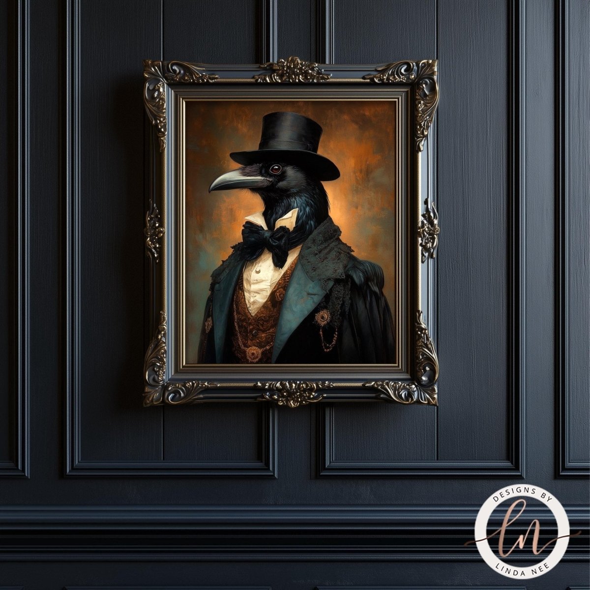 Raven in formal dress artwork displayed against a dark background