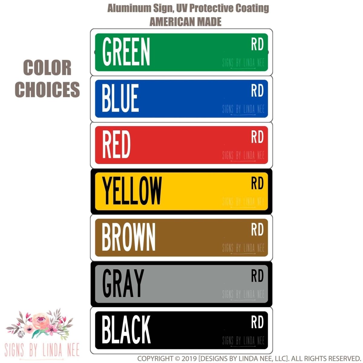 Acura RLX street sign color chart: green, blue, red, yellow, brown, gray, and black, UV-coated aluminum