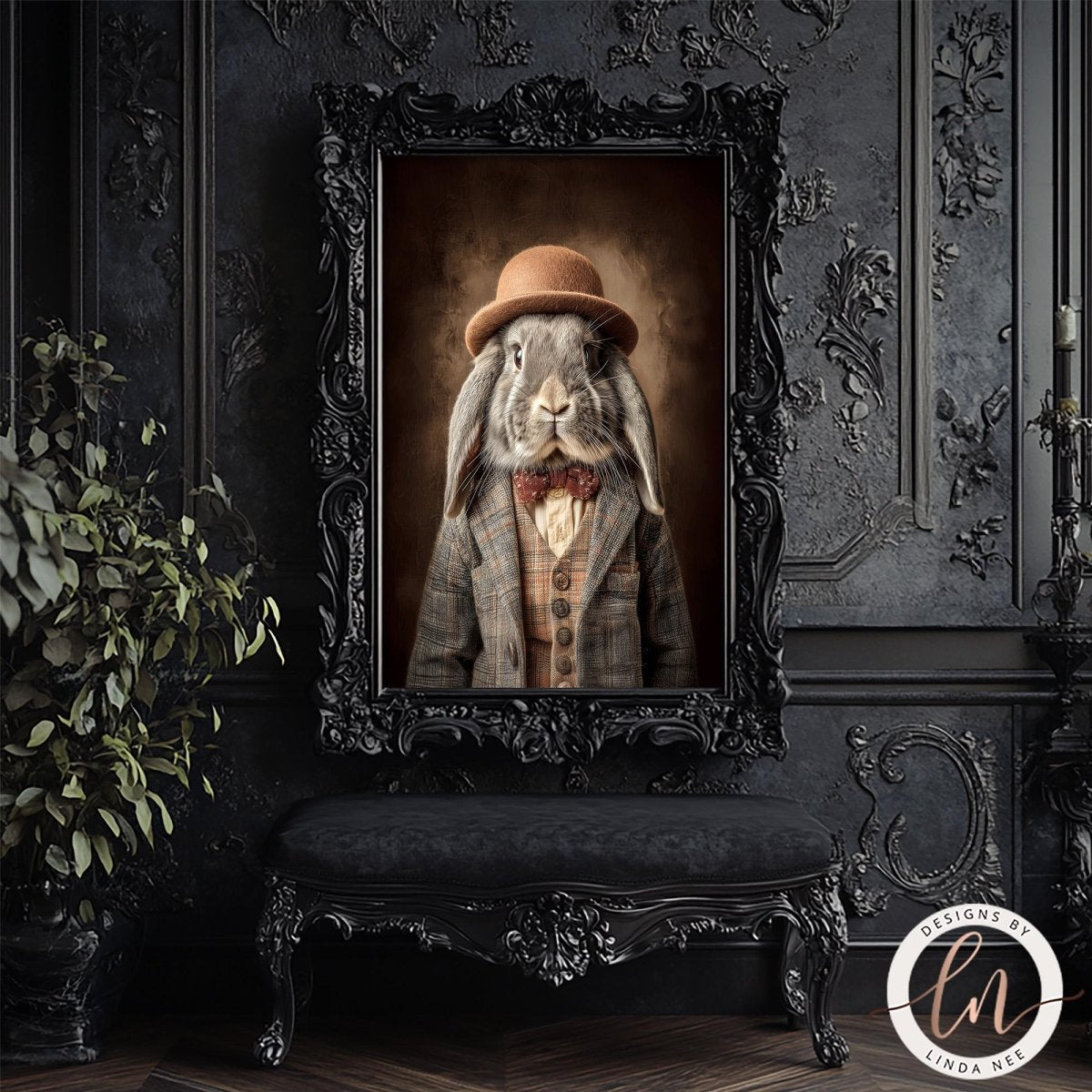A framed portrait of a rabbit wearing a hat and coat, set against a dark background with an ornate frame.