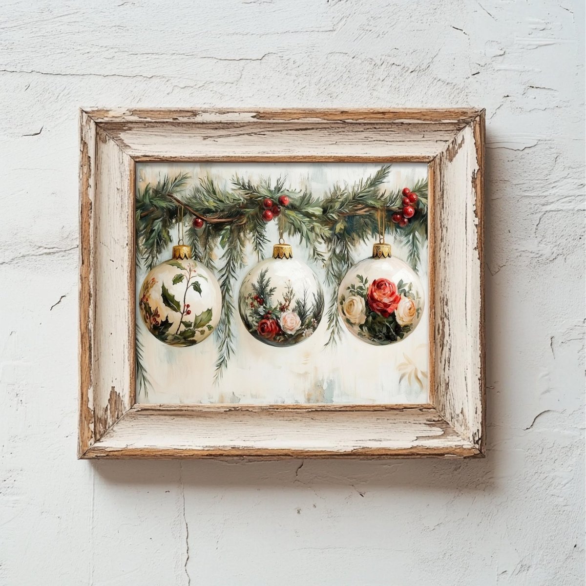 Floral Christmas ornament artwork displayed on a plain white wall