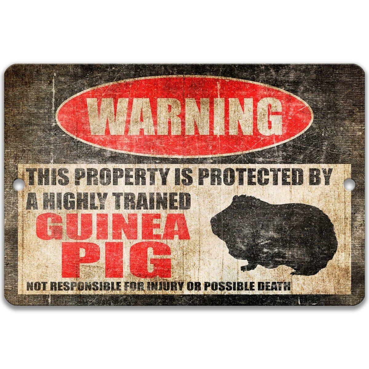 Guinea Pig warning sign, red WARNING oval, this property is protected by a highly trained Guinea Pig, with guinea pig silhouette