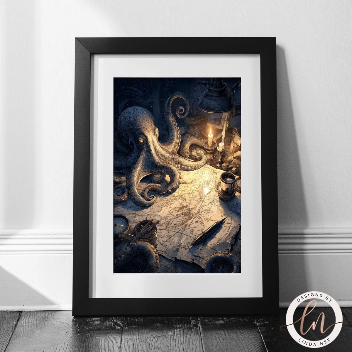 A framed image depicting an octopus with tentacles spread out, surrounded by various objects such as a lantern, map, and other items, creating a mysterious and intriguing scene.