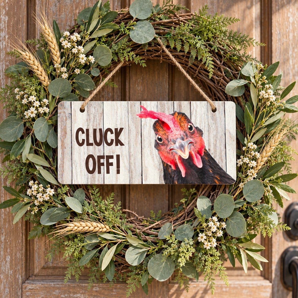 Cluck Off Rooster sign centered in a door wreath