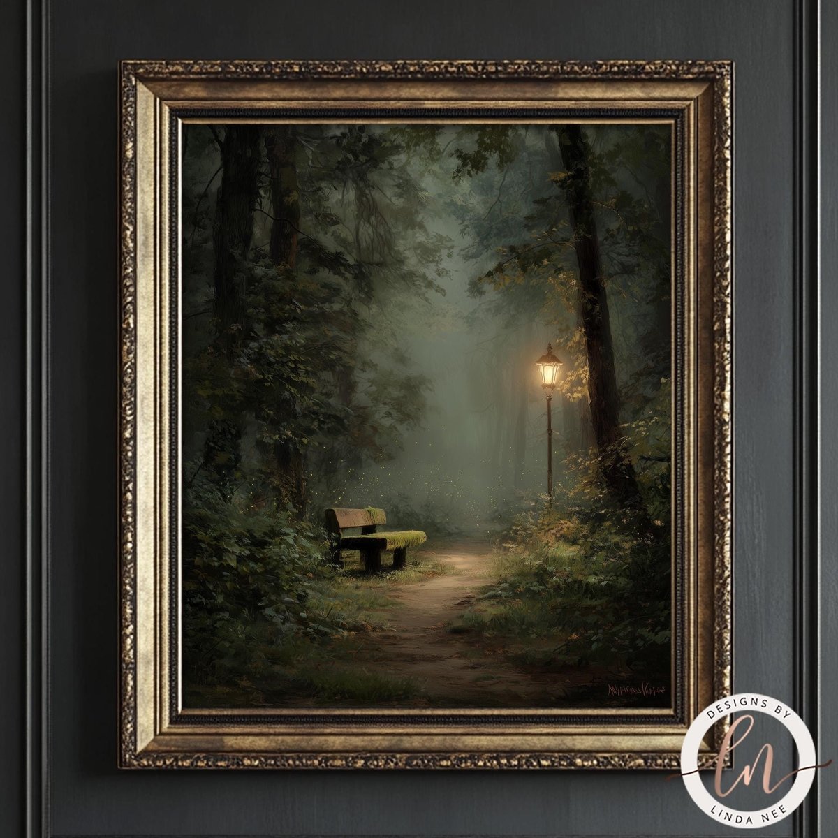 A painting of a bench in a forest, with a lantern-lit path leading to it, surrounded by lush greenery and a misty atmosphere.