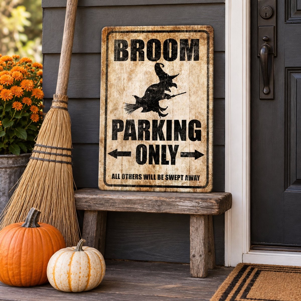 Broom Parking Only Halloween sign on a porch with a broom and pumpkins