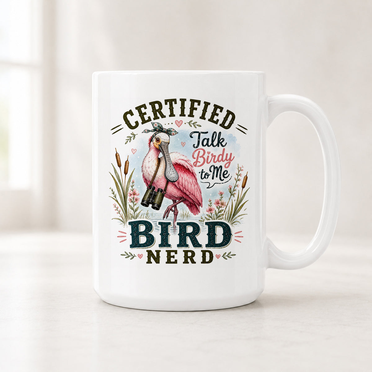 15 oz Talk Birdy to Me mug with a roseate spoonbill in binoculars between Certified and Bird Nerd lettering