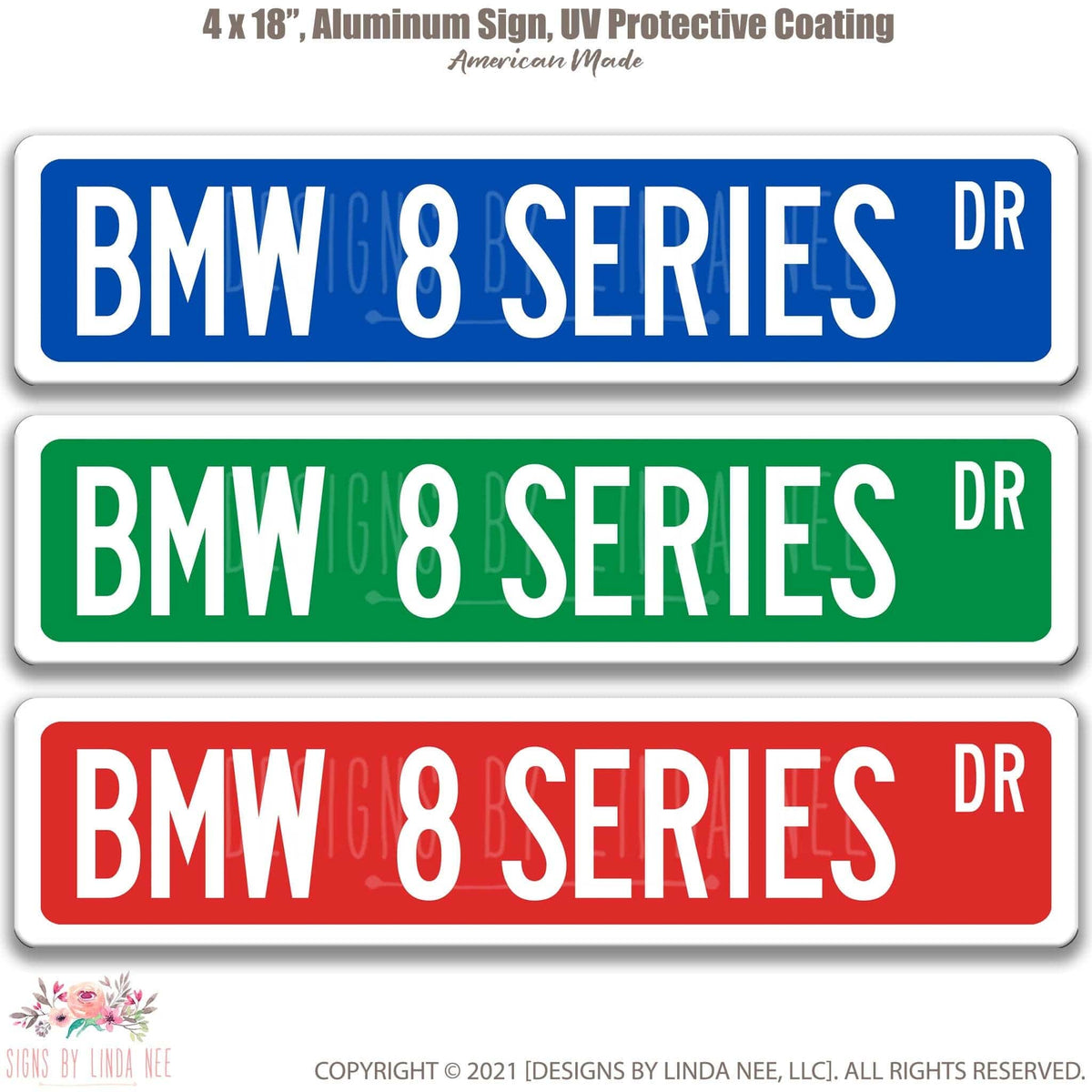 BMW 8 Series DR street name sign shown in three aluminum color options