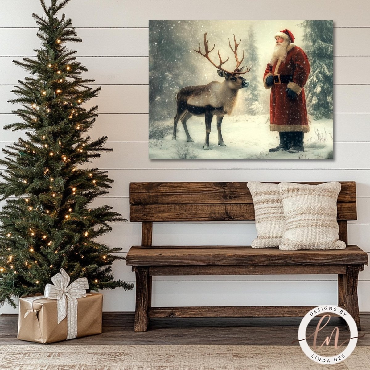Old world Santa and reindeer artwork shown beside a decorated Christmas tree