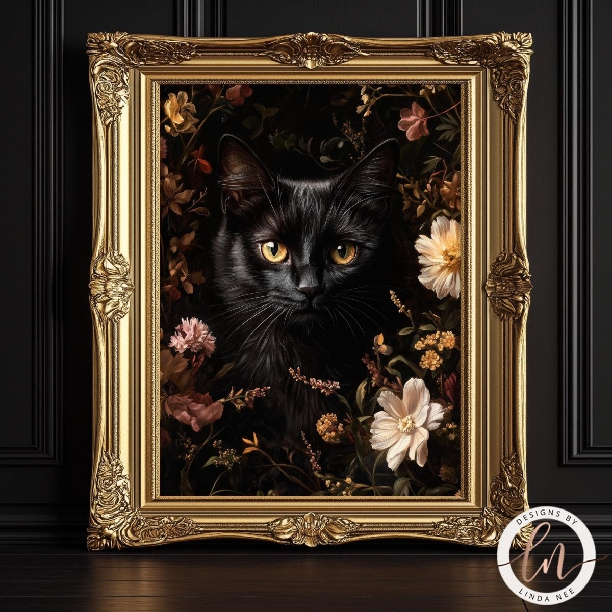 Black cat portrait with piercing yellow eyes among vibrant flowers
