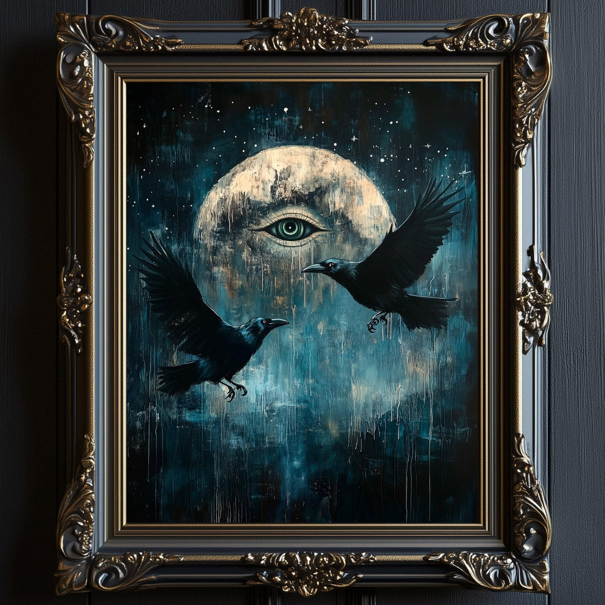 The image is a framed painting depicting two black crows flying towards a large, glowing eye in the night sky.