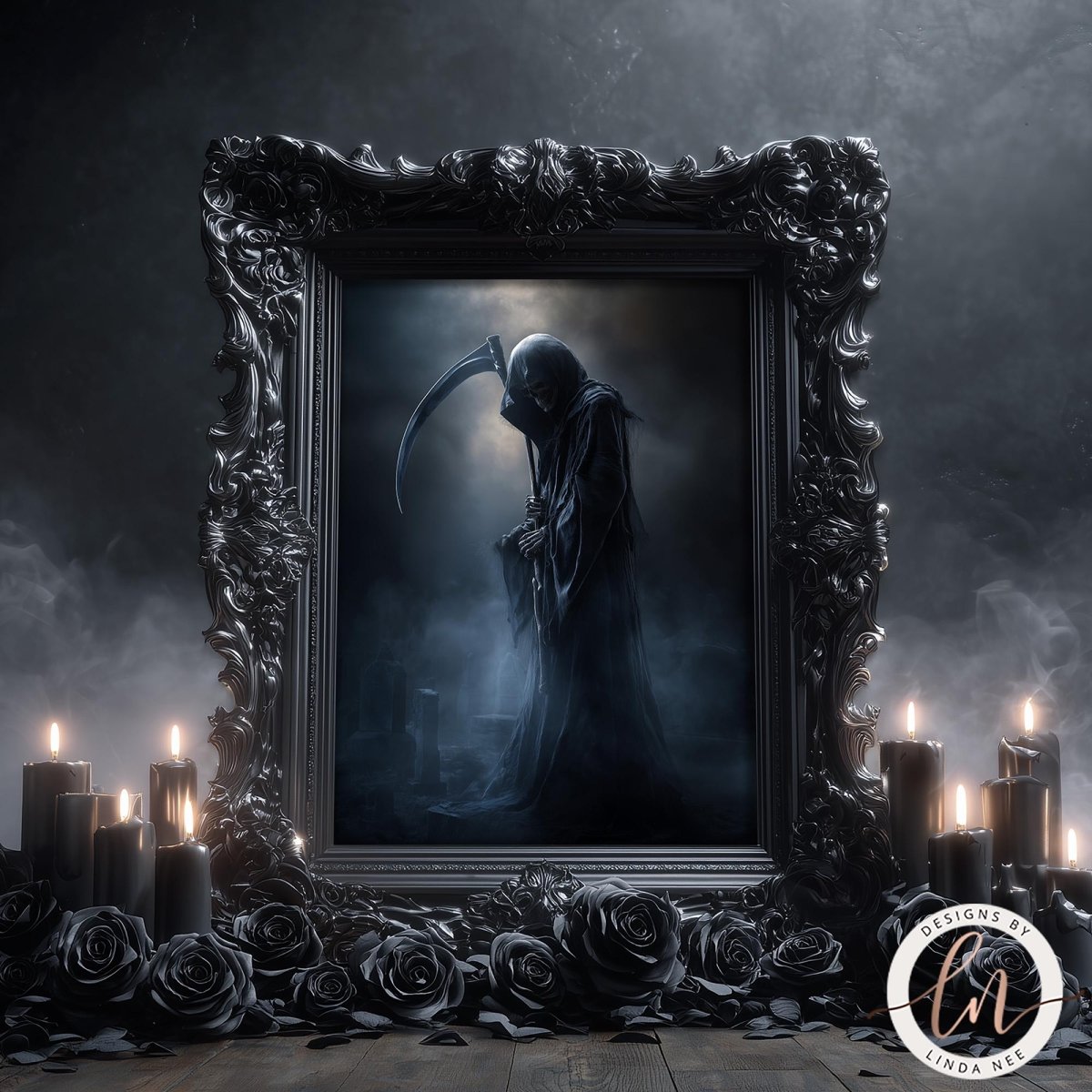 a dark, ominous figure in a gothic-style frame, surrounded by candles and roses, creating a spooky and foreboding atmosphere.