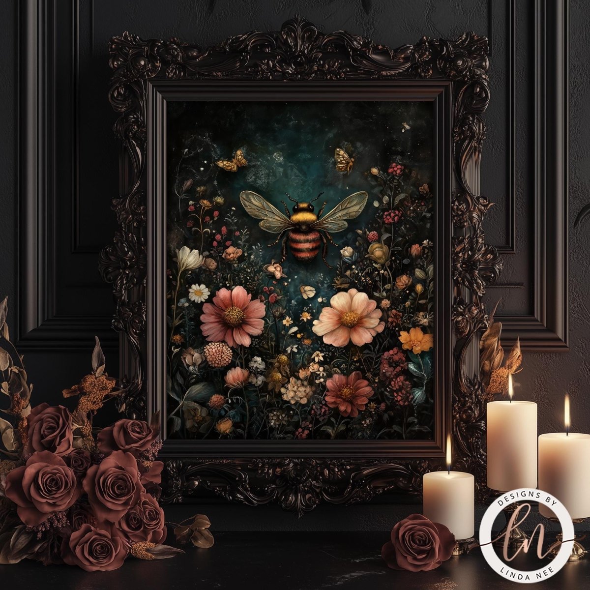 An ornate dark wood framed art print featuring a detailed illustration of a bumblebee surrounded by colorful wildflowers on a dark teal background, styled on a dark wood surface with dried roses and lit white candles.