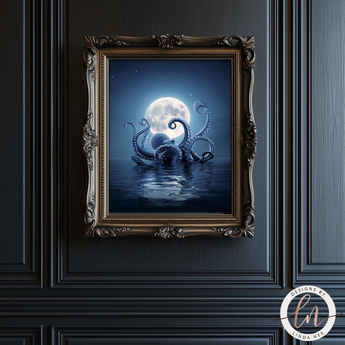 an octopus with tentacles reaching towards the moon in the night sky, creating a surreal and fantastical scene.