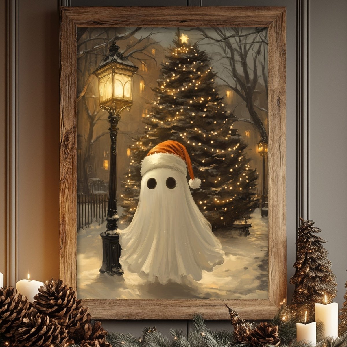 Christmas ghost decor art print styled beside a lit tree in a snowy scene