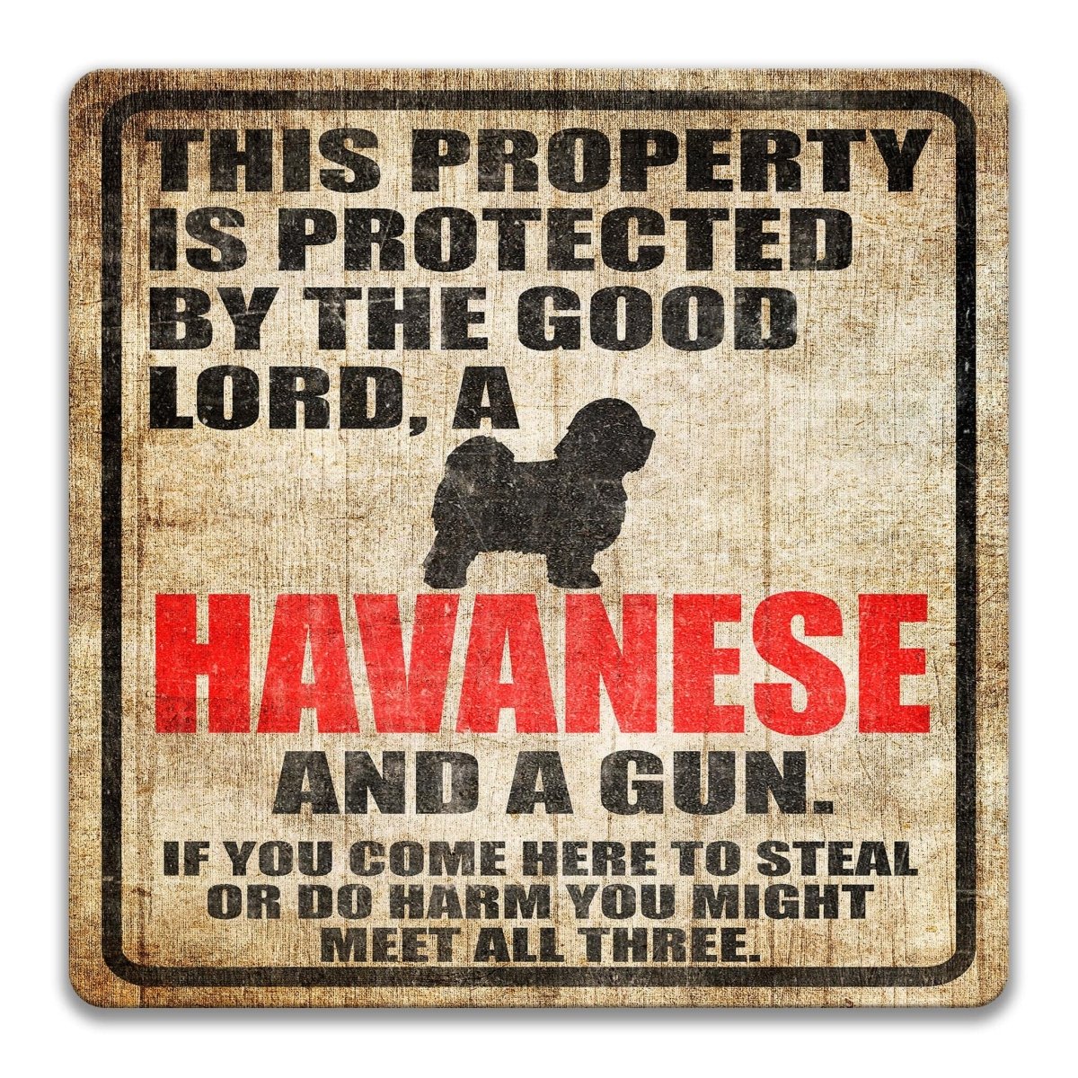 The image is a sign with a humorous message about a property being protected by a good Lord, a Havanese dog, and a gun.