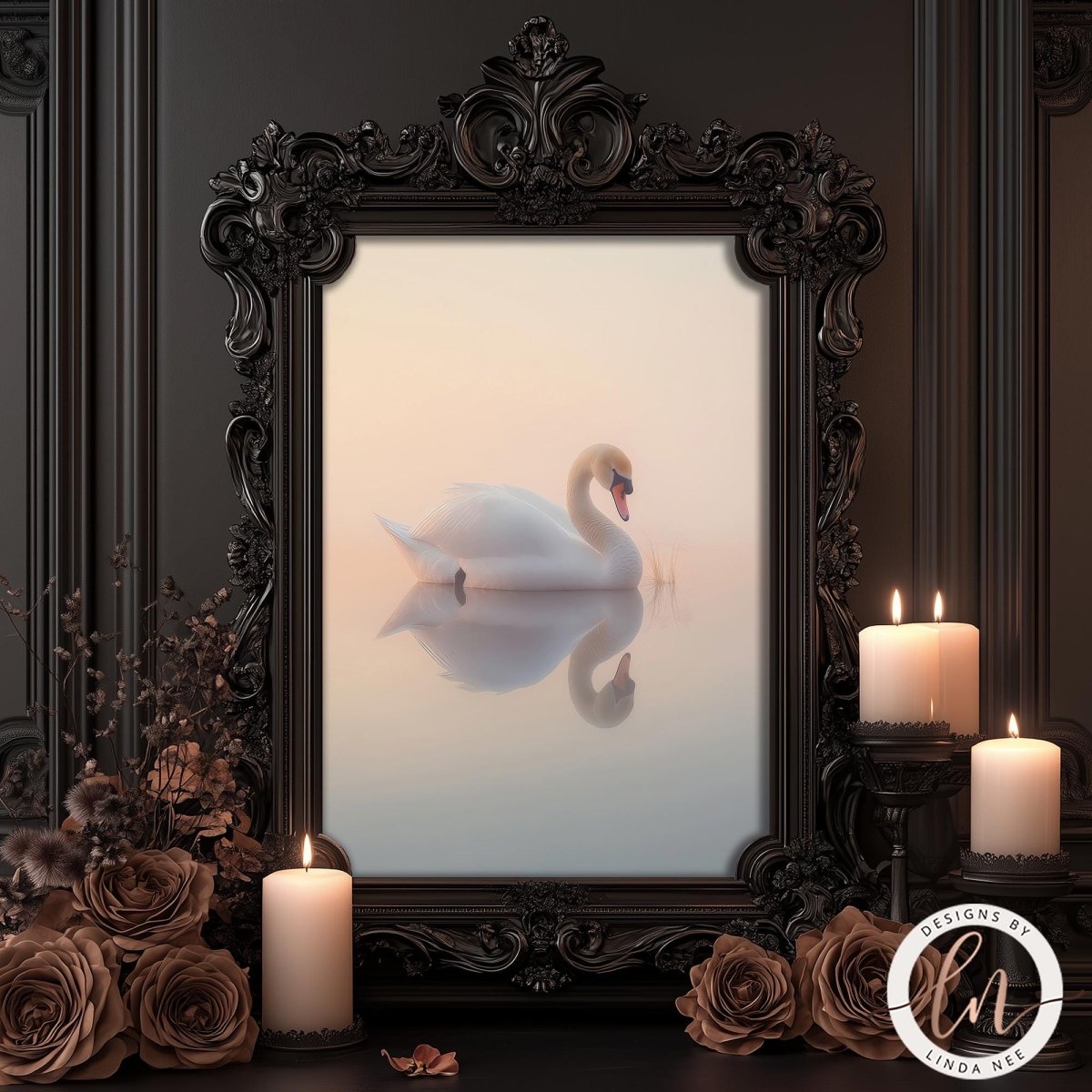 a large ornate mirror with a painting of a swan inside it, surrounded by candles and flowers.